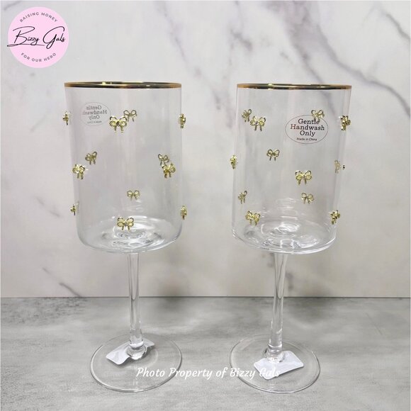 2 Gold Bow with Gem Wine Stem Glasses - Picture 1 of 4